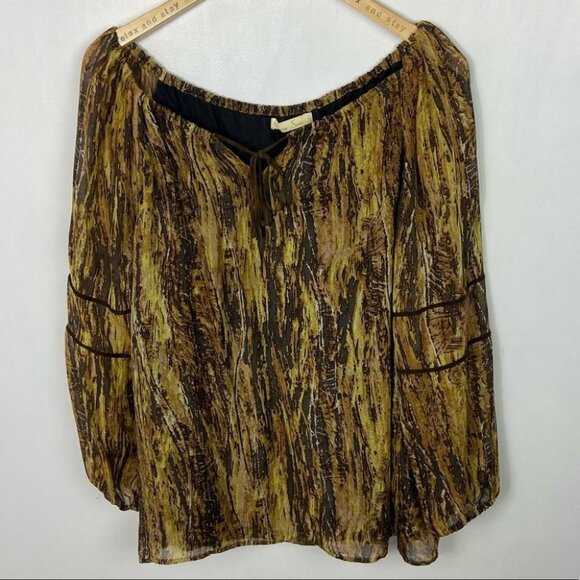 Anthropologie Love Sam Leather Silk Animal Print Peasant Boho Blouse Top Small S - Picture 11 of 12